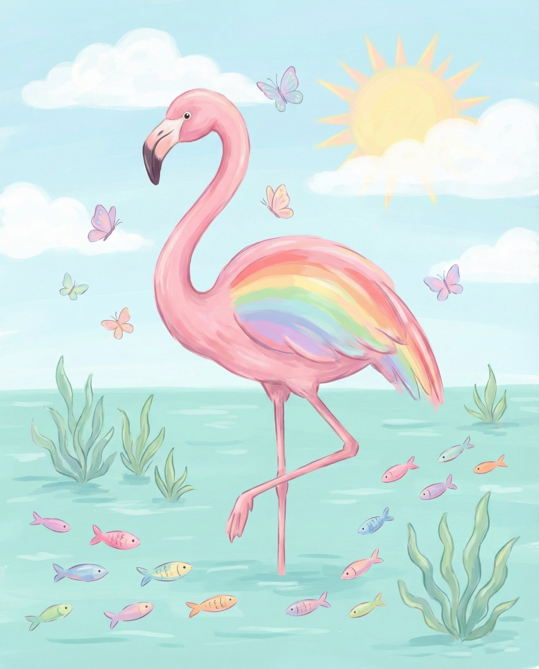 A cheerful pink flamingo with a rainbow across its body stands in bright blue water surrounded by colorful fish, butterflies, and sea plants under a sunny sky.
