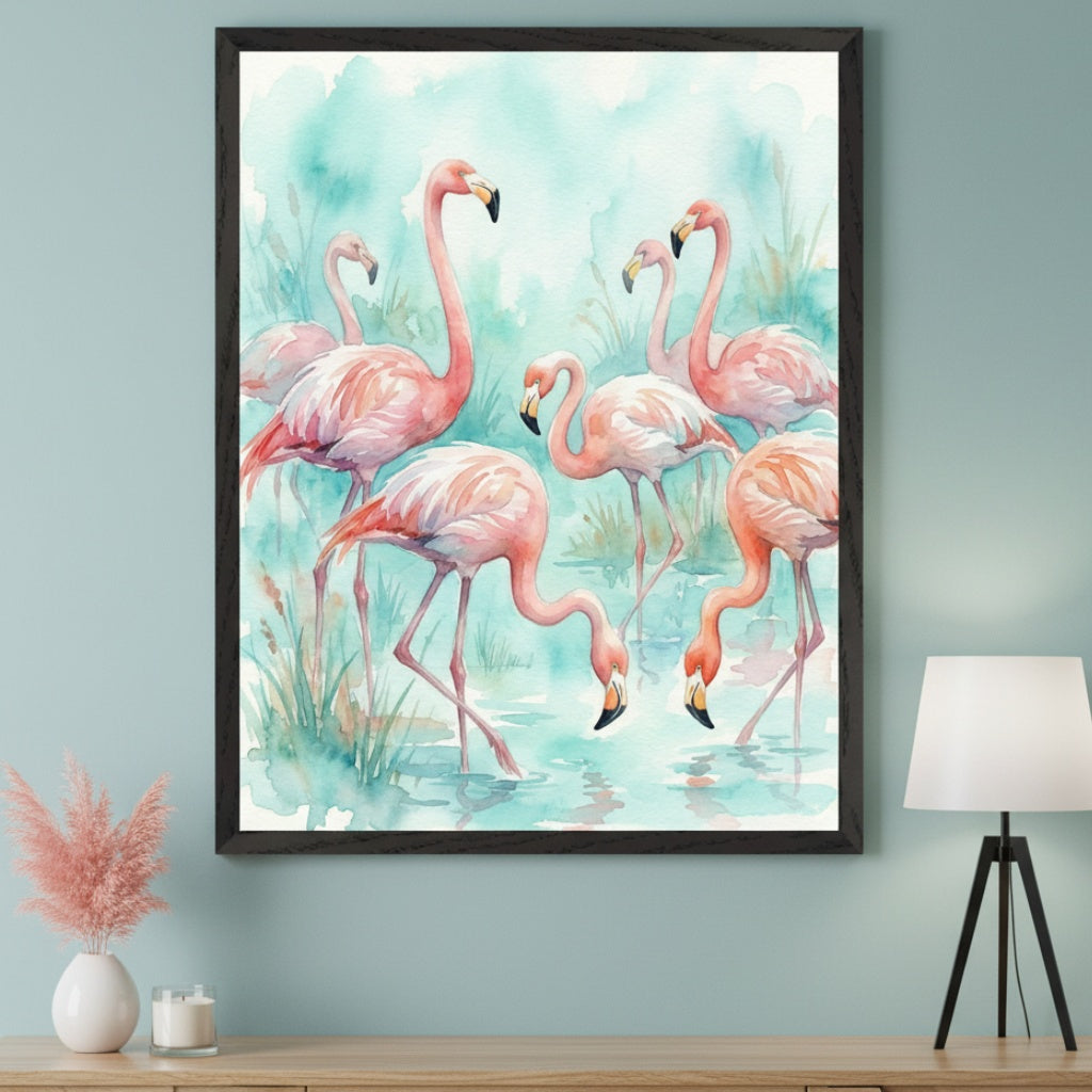 Modern room with a light wood console table. A large framed watercolor painting of multiple pink flamingos in a pond with green reeds hangs above the table. A white vase, candle, and black tripod lamp are on the table.