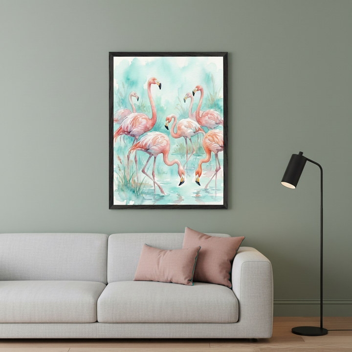 Modern living room with a light gray sectional sofa. A large black-framed watercolor painting of pink flamingos wading in teal water hangs above the sofa.