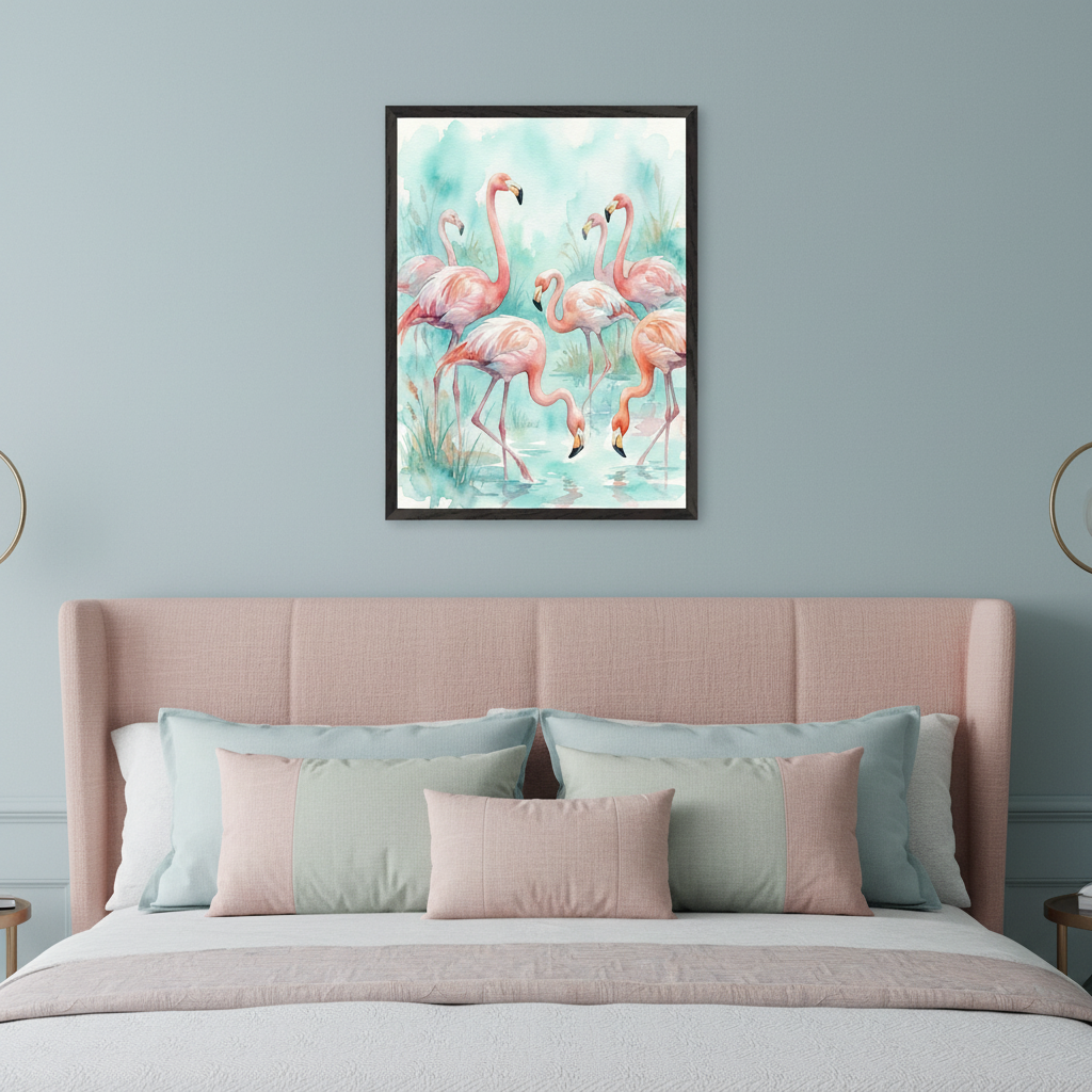 Modern bedroom with a pink upholstered bed. A framed watercolor painting of pink flamingos in a marsh hangs centered above the headboard.
