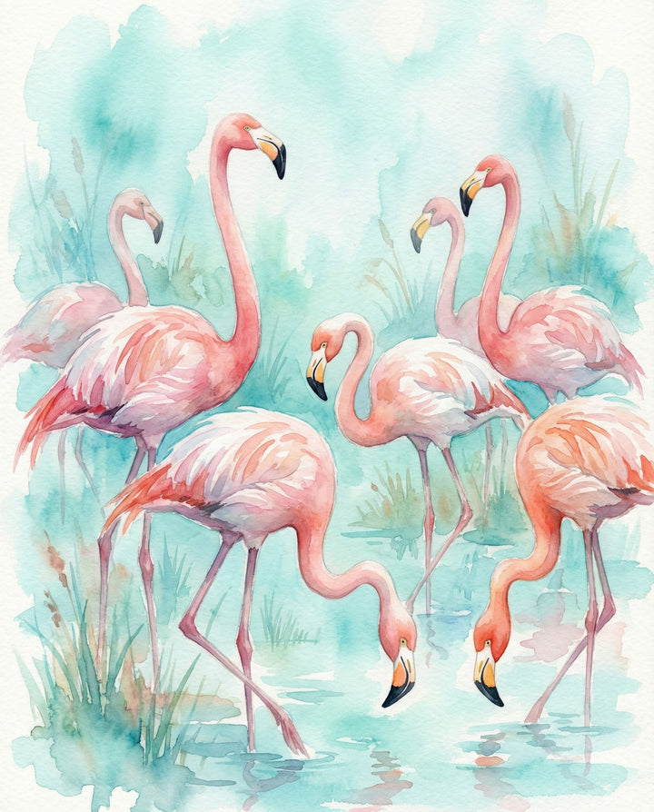A group of pink flamingos wade through shallow turquoise water among soft green grasses, painted in a loose and airy watercolor style.
