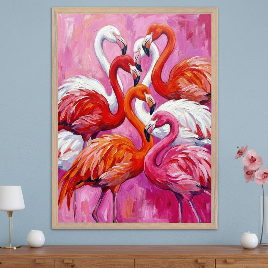 A living room with a light blue wall and a wooden dresser. A large framed painting of white, red, orange, and pink flamingos against a vibrant pink, brushstroke background hangs centered above the dresser. A white lamp and a vase with pink flowers are on the dresser.
