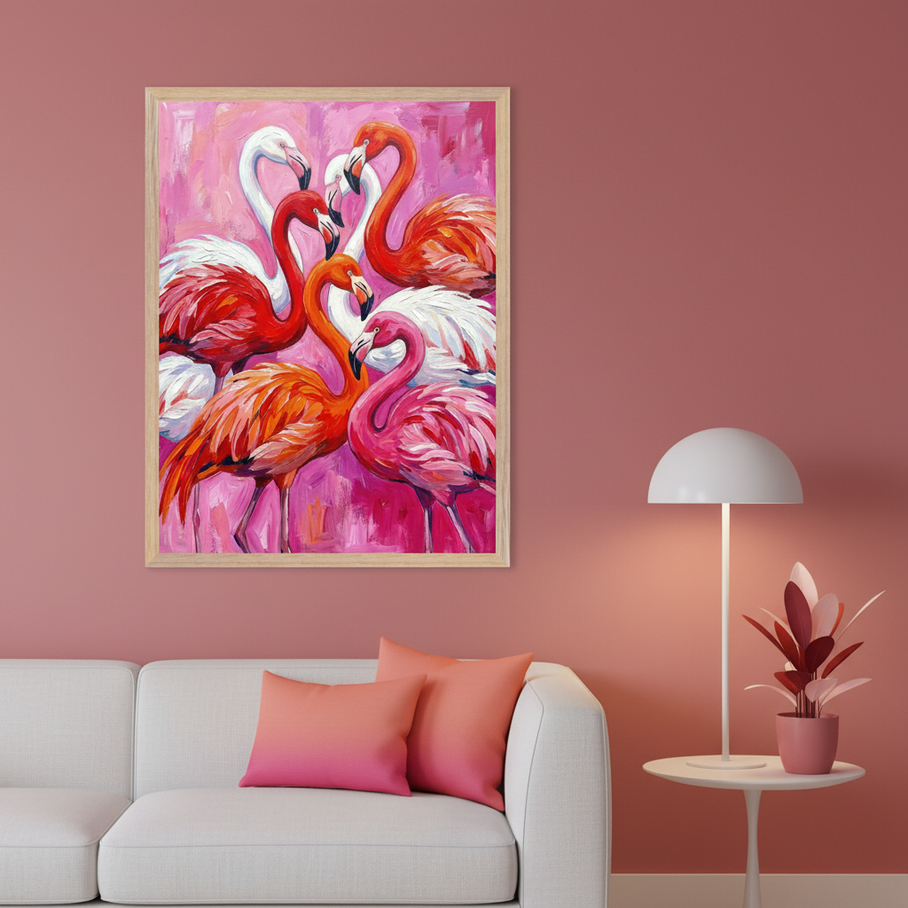 Modern living room with a white sofa and two pink pillows. A large framed, brushstroke-style painting of seven colorful flamingos against a pink background hangs on the wall above the sofa. A white lamp and potted plant are on a side table.