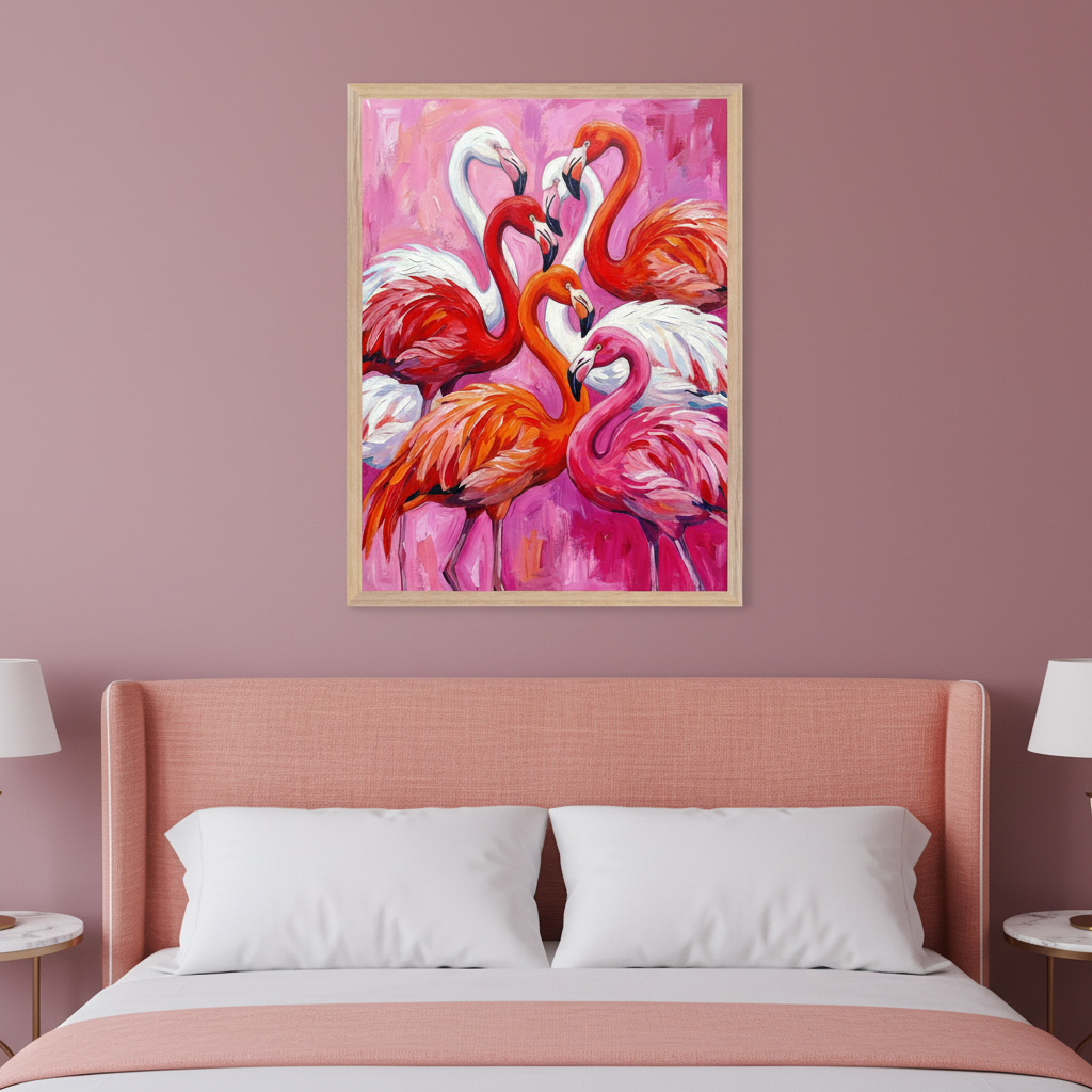 Modern bedroom with a pink upholstered bed. A framed oil painting of white, red, orange, and pink flamingos on a vibrant pink background hangs centered above the bed's headboard.