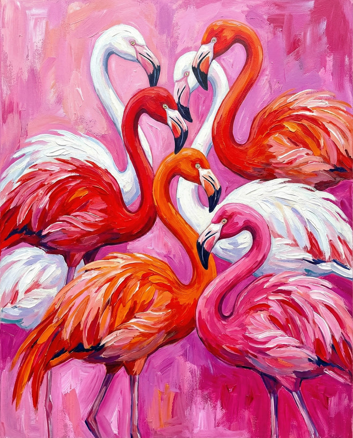 Bold and expressive painting of flamingos in bright shades of red, orange, pink, and white gathered closely together over a vivid pink background.
