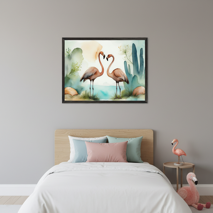 Kid's bedroom with a bed and wooden headboard. A large framed watercolor print of two flamingos forming a heart, surrounded by desert plants, hangs centered above the bed. A pink flamingo figurine is on a side table next to the bed, and a plush flamingo is on the floor.