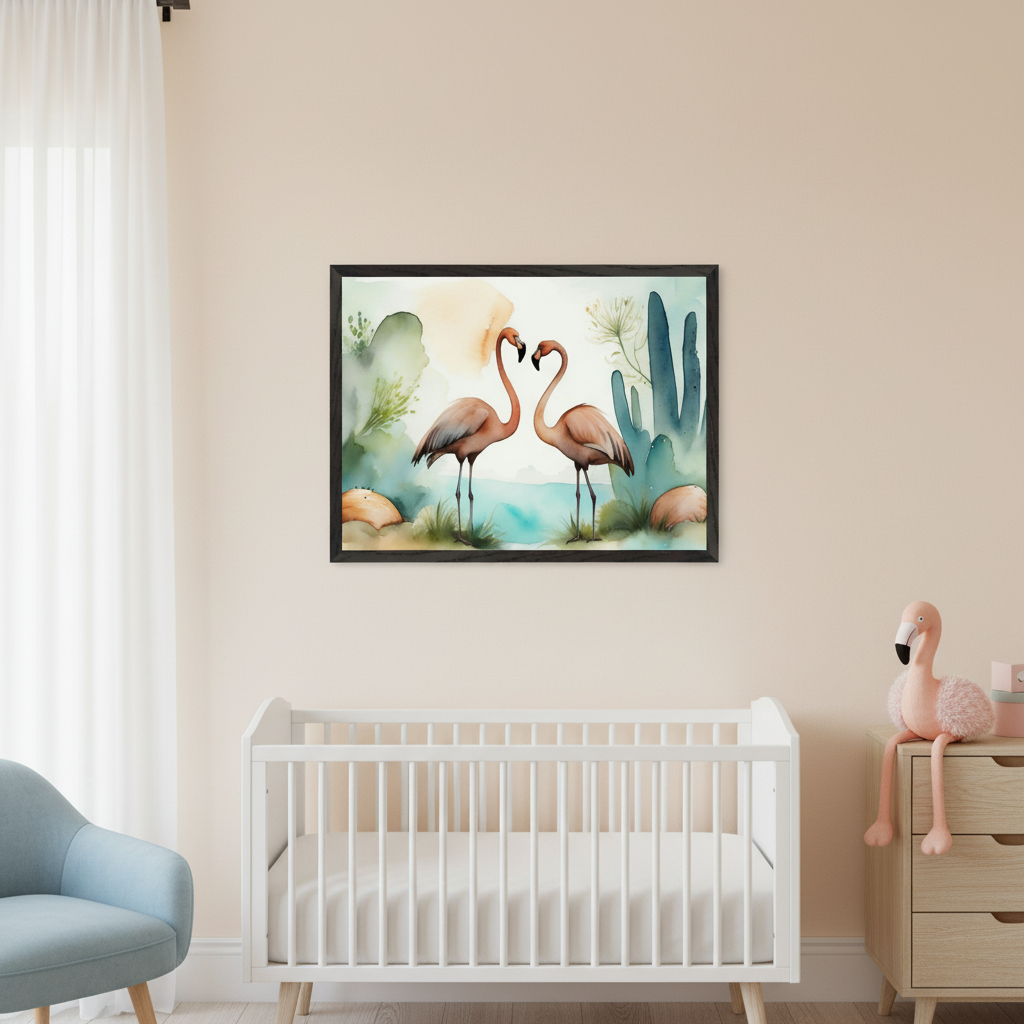 Modern nursery with a white crib, light blue armchair, and wooden dresser. A dark-framed watercolor painting of two flamingos in a desert oasis hangs above the crib. A flamingo plushie sits on the dresser.