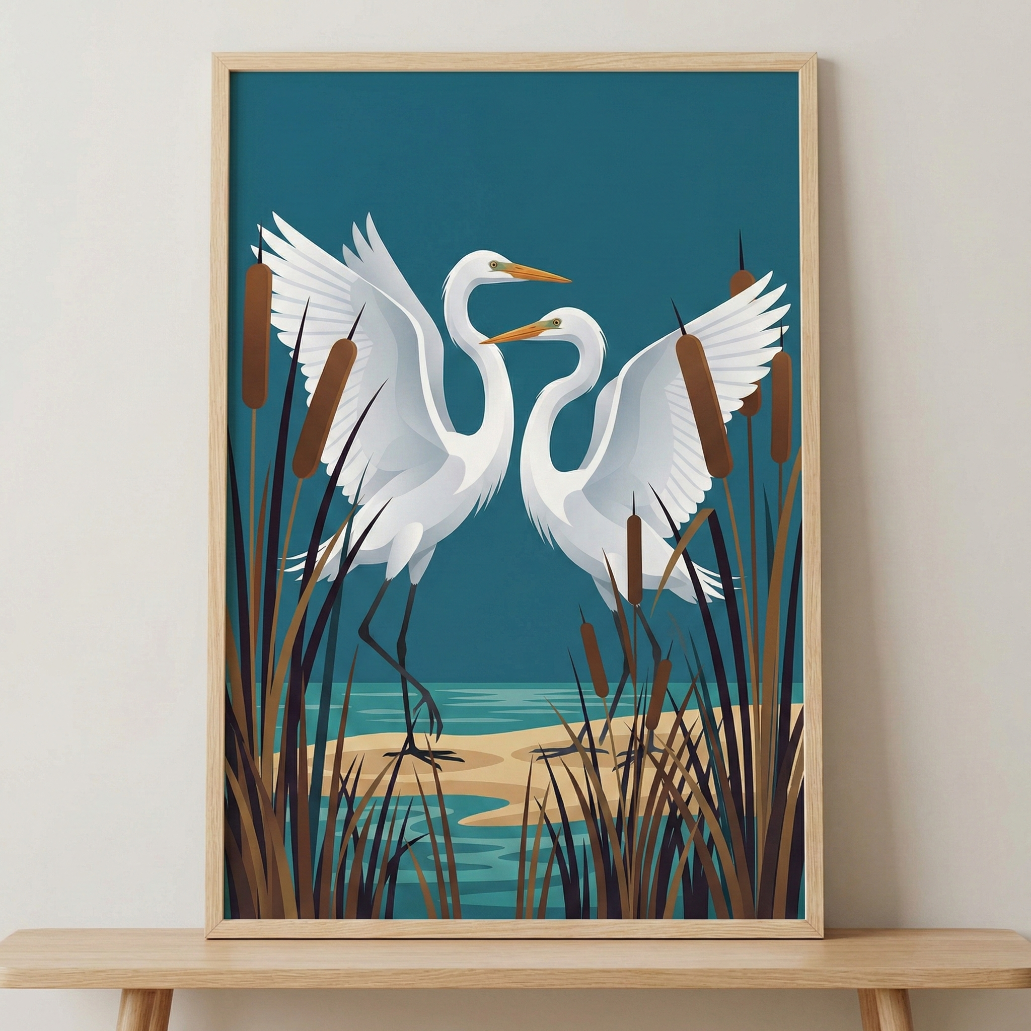 A minimalist art print in a light wood frame features two white herons with long, slender necks and orange beaks. The birds face each other, their wings partially unfurled, set against a deep teal background. They stand on a sandy shore amidst brown cattails and tall grass near light blue water. The style uses flat color blocks and clean lines to create a serene, stylized nature scene. The framed work sits on a light-colored wooden table against a neutral wall.