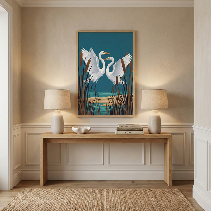 A bright hallway features a light wood console table against a neutral wall with classic white wainscoting. Centered above is a vertical framed illustration showing two elegant white water birds standing in a marsh with tall reeds against a deep blue background. On the table, two matching lamps with white stone-like bases and beige linen shades create a warm, symmetrical glow. A small white bowl and a stack of books titled "NATURE IN ART" and "EGRETS" sit between them. A natural jute rug rests on the floor.