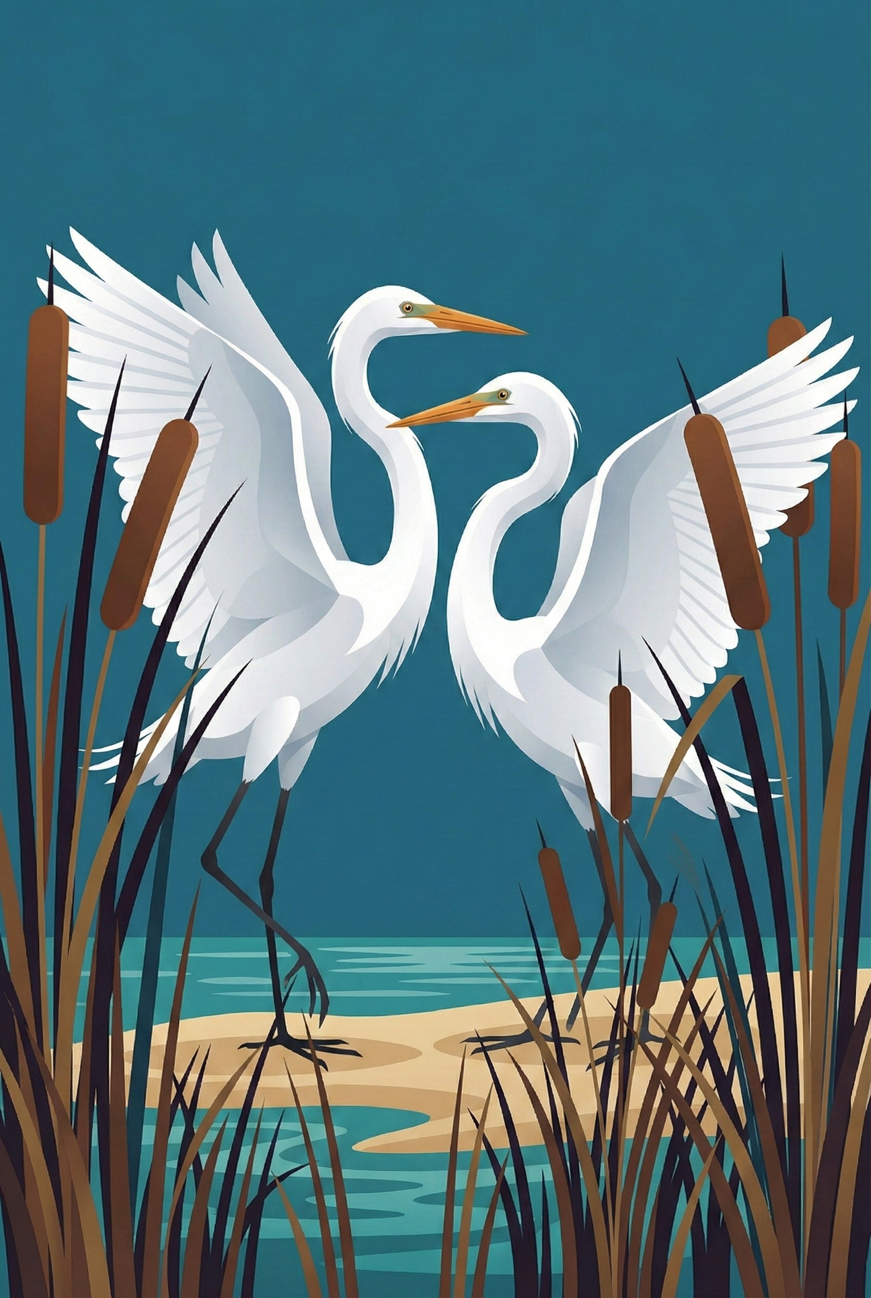 A stylized vector illustration of two white egrets with long, graceful necks and outstretched wings. The birds stand on a sandy patch in a calm marsh, facing each other. Tall, slender brown and black grass blades along with several brown cattails frame the scene. The background is a solid, deep teal-blue sky. The artwork features clean lines and simple shading, creating a serene and elegant composition.