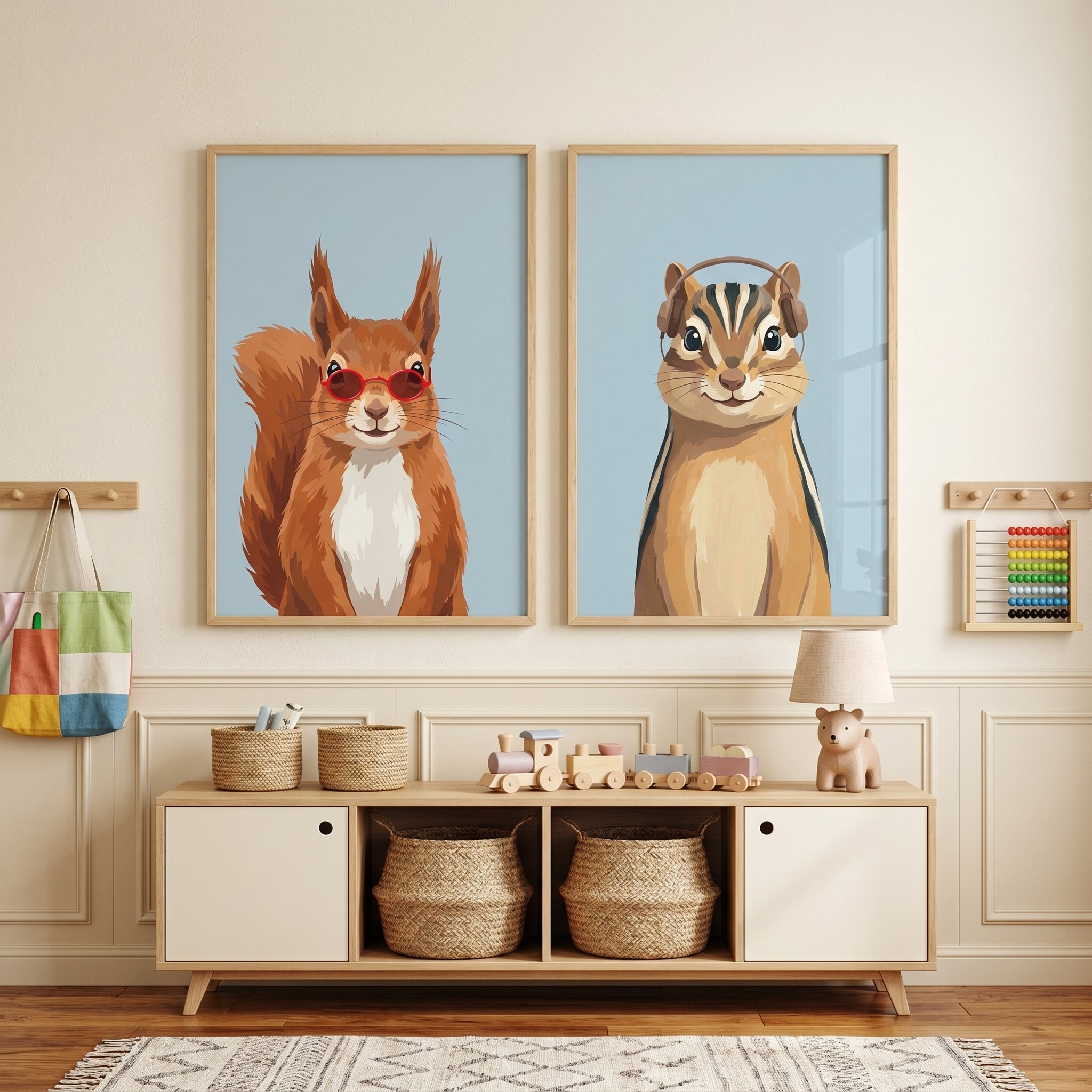 Flat Style Forest Animal Wall Art Set of 2 - Trendy Woodland Duo