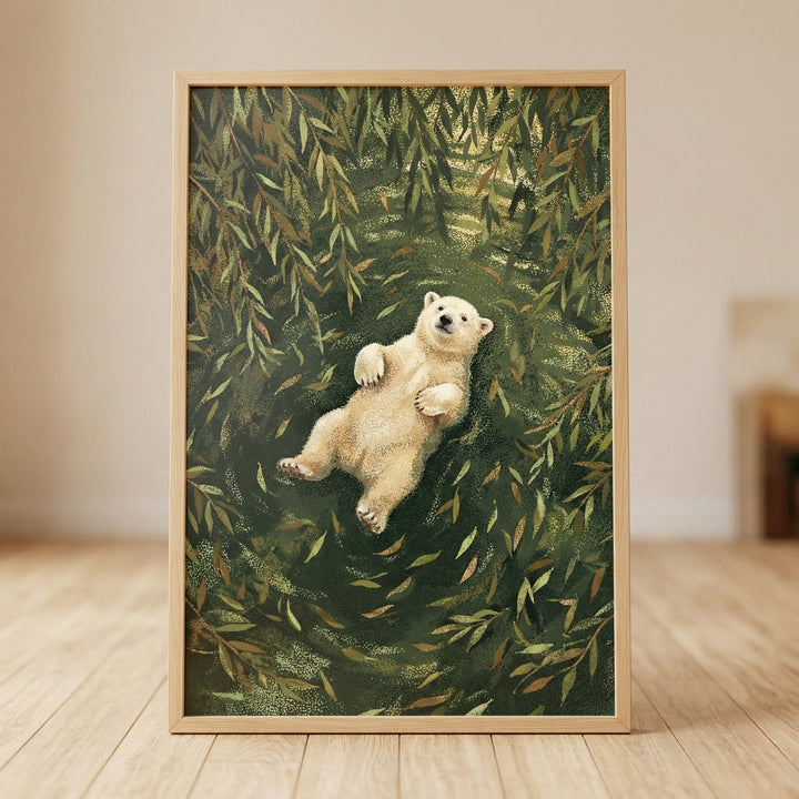 Framed illustration of a polar bear floating on its back in dark green water surrounded by drifting leaves viewed from above. The peaceful composition creates a whimsical calming focal point with soft nature inspired tones.