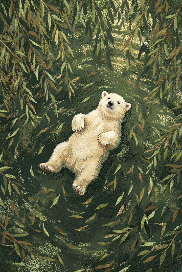 A stippled digital illustration depicts a fluffy white bear cub floating peacefully on its back in dark green water. The cub has small black eyes and a gentle expression, with its paws tucked toward its chest. The water surface is dappled with light and scattered with fallen leaves, creating subtle ripples around the animal. Framing the scene from the top and sides are overhanging branches with long, slender leaves in shades of green and ochre. The entire image has a soft, grainy texture.