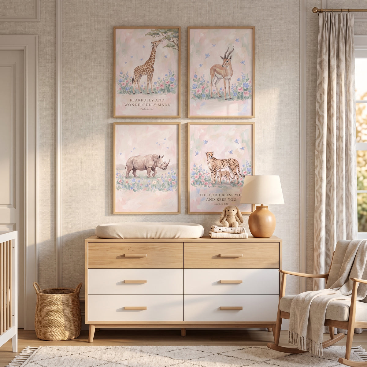 Floral Bluebird Safari Animals Wall Art Set Of 4 - Graceful Safari Scripture