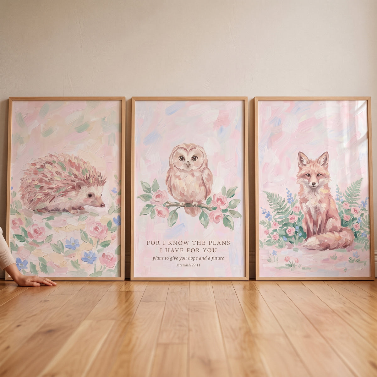 Floral Blush Forest Animals Wall Art Set of 3 - Sweet Forest Hope