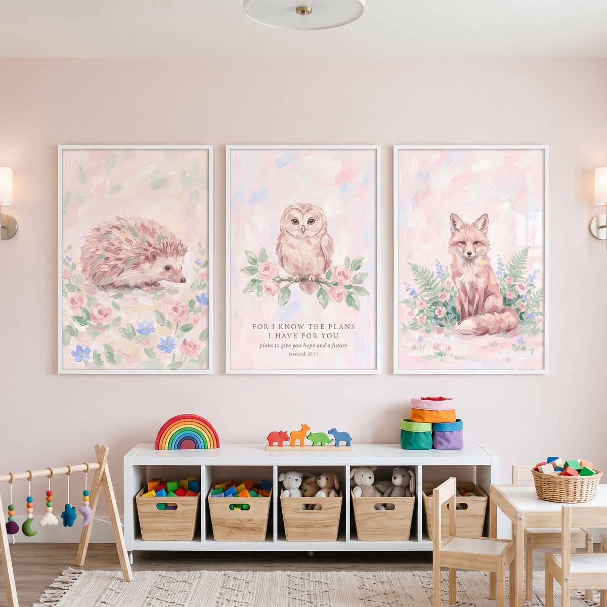 Floral Blush Forest Animals Wall Art Set of 3 - Sweet Forest Hope