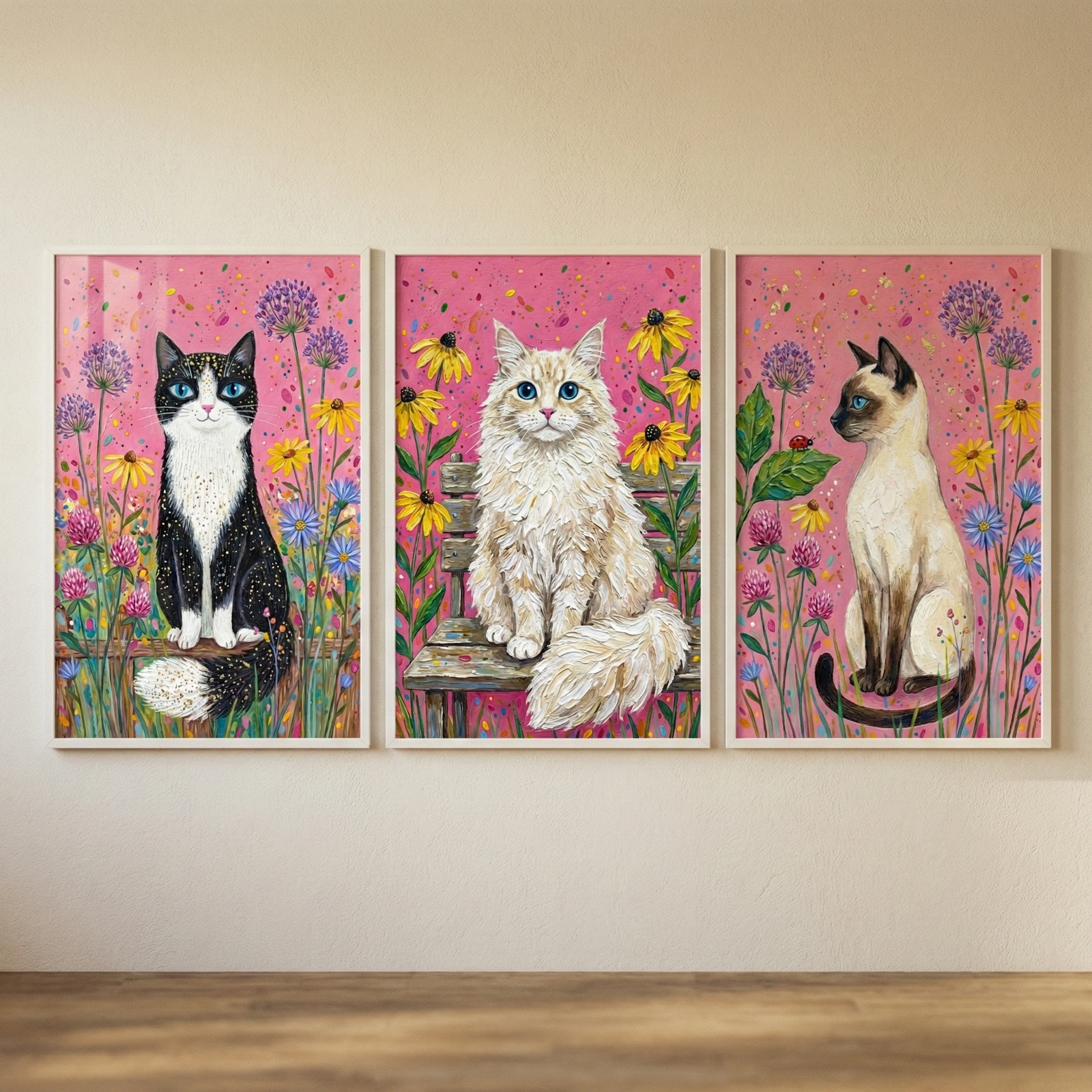 Three vertical framed artworks hang side-by-side on a neutral wall. Each piece features a different cat in a whimsical floral setting against a textured pink background. On the left, a black-and-white cat sits among yellow and purple flowers. The center artwork shows a fluffy cream cat on a wooden bench surrounded by sunflowers. The right piece depicts a tan cat with dark points looking in profile. The art style is expressive with thick, visible strokes and vibrant, bright colors.