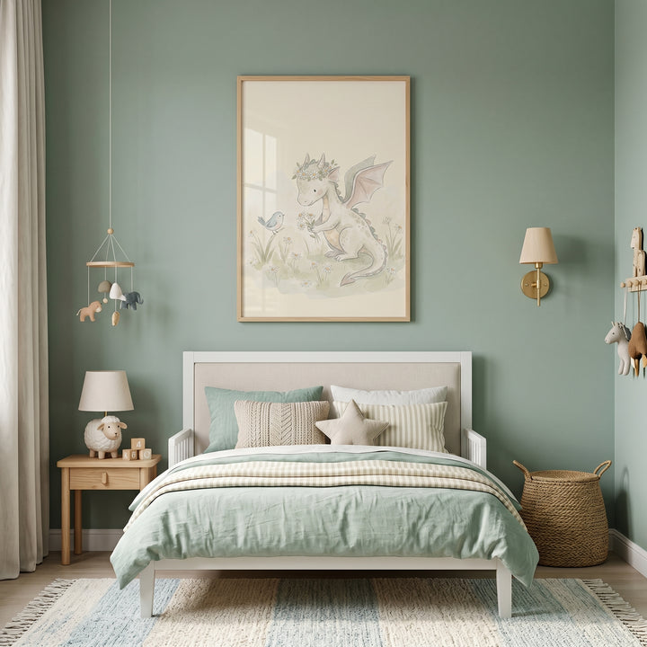 Floral crown baby dragon wall art hangs above a white bed in a sage green nursery with neutral accents.