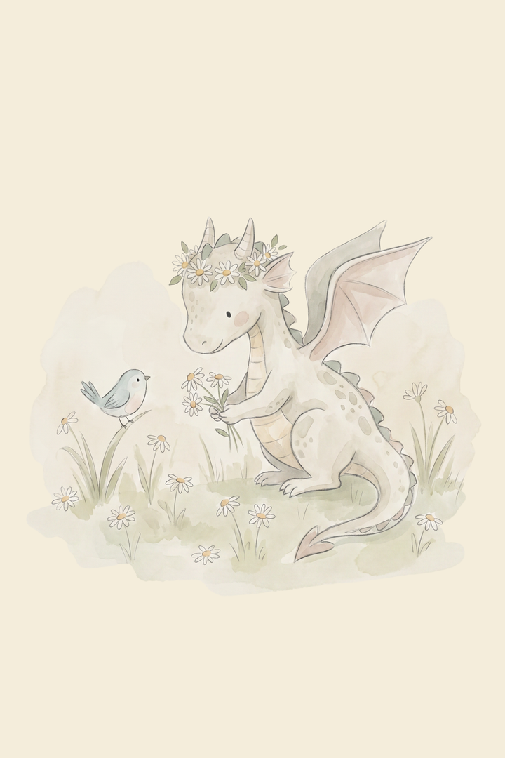Floral crown baby dragon wall art shows a gentle dragon in a field of daisies gazing at a small blue bird.