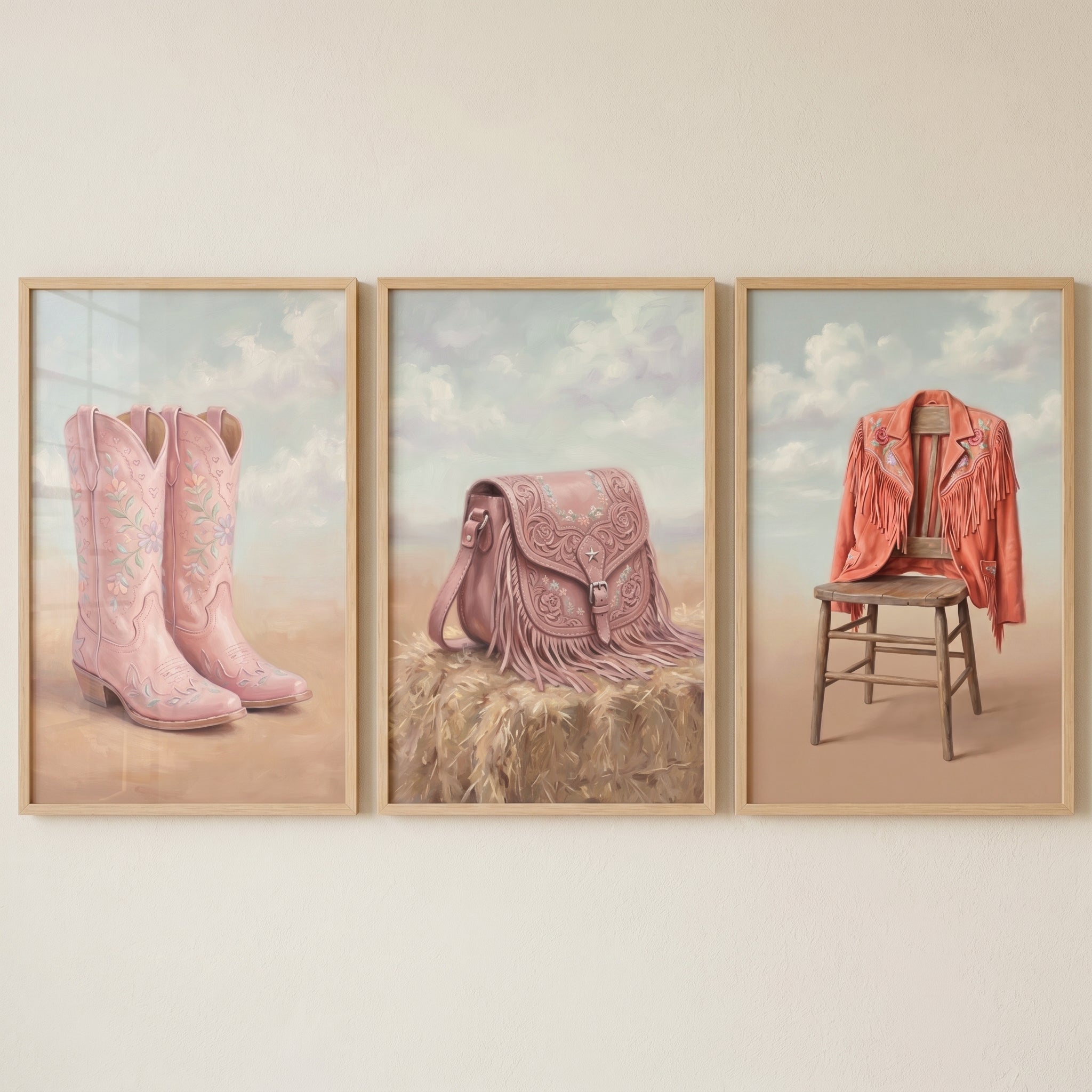Floral Fringed Western Gear Wall Art Set of 3 - Dusty Prairie Pastels