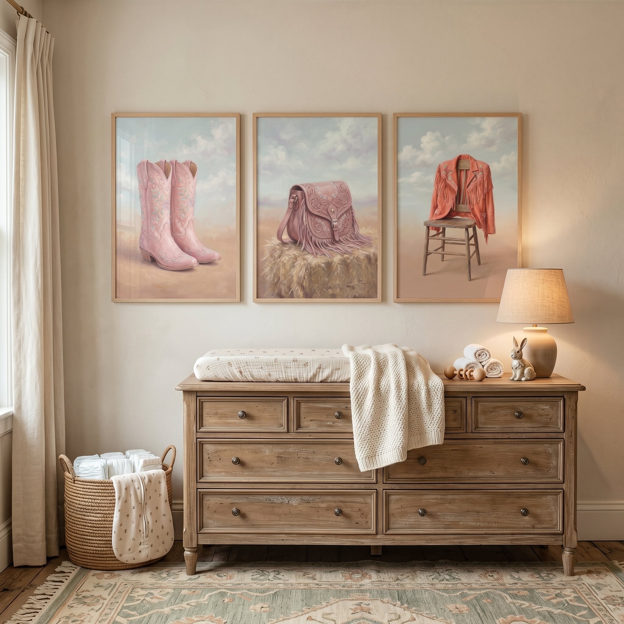 Floral Fringed Western Gear Wall Art Set of 3 - Dusty Prairie Pastels