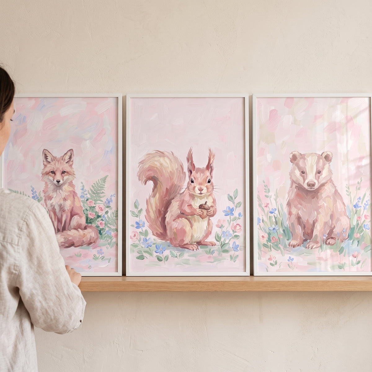 Floral Garden Forest Animals Artwork Set Of 3 - Pink Forest Friends