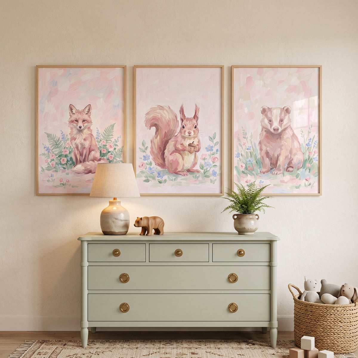 Floral Garden Forest Animals Artwork Set Of 3 - Pink Forest Friends
