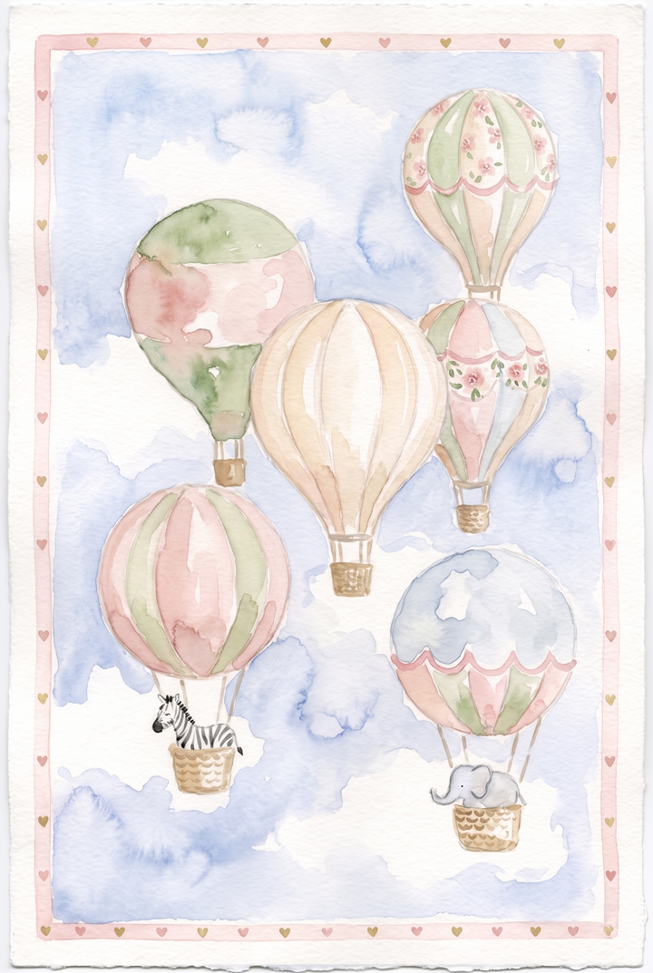 Floral hot air balloon wall art featuring a zebra and elephant floating in a soft watercolor sky with a heart border.