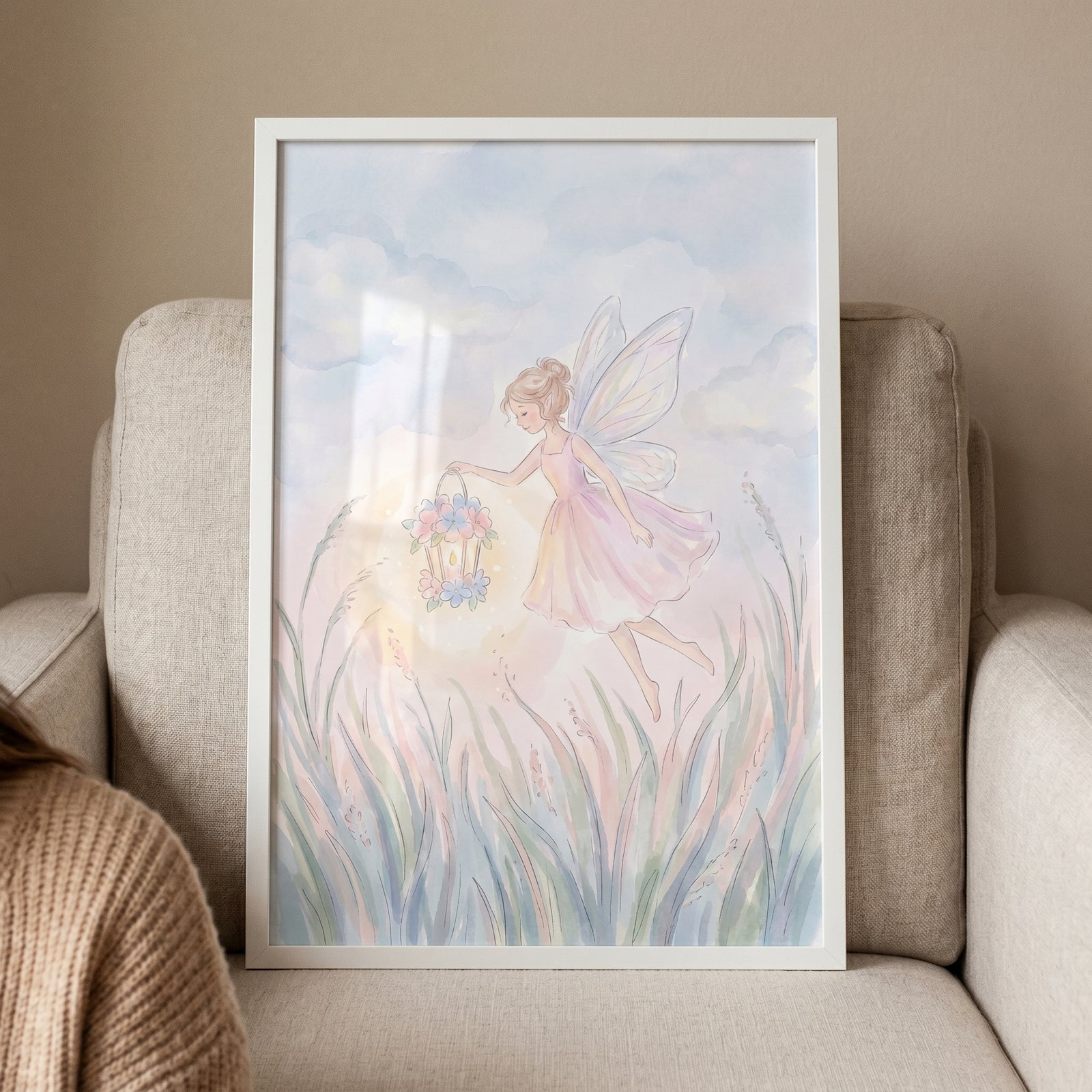 Floral lantern fairy wall art in a white frame depicts a winged girl flying above tall grass in soft pastel colors.