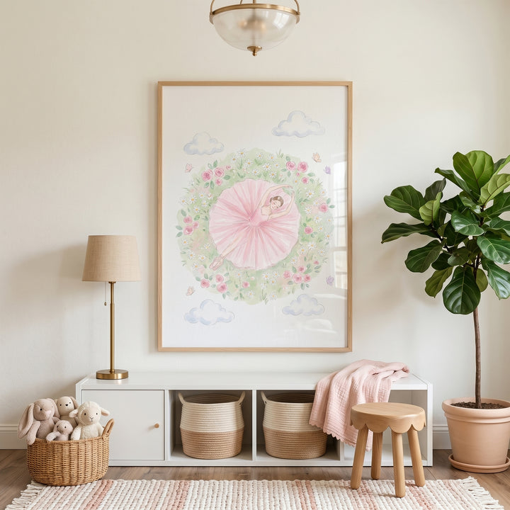 Floral meadow ballerina wall art hangs above a white storage bench in a cozy nursery with toys and a potted plant.
