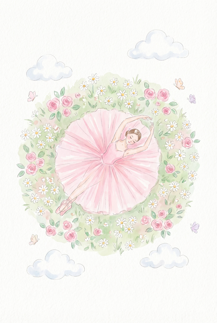 Floral meadow ballerina wall art with a dancer in a pink tutu lying in a circle of daisies, roses, and soft clouds.