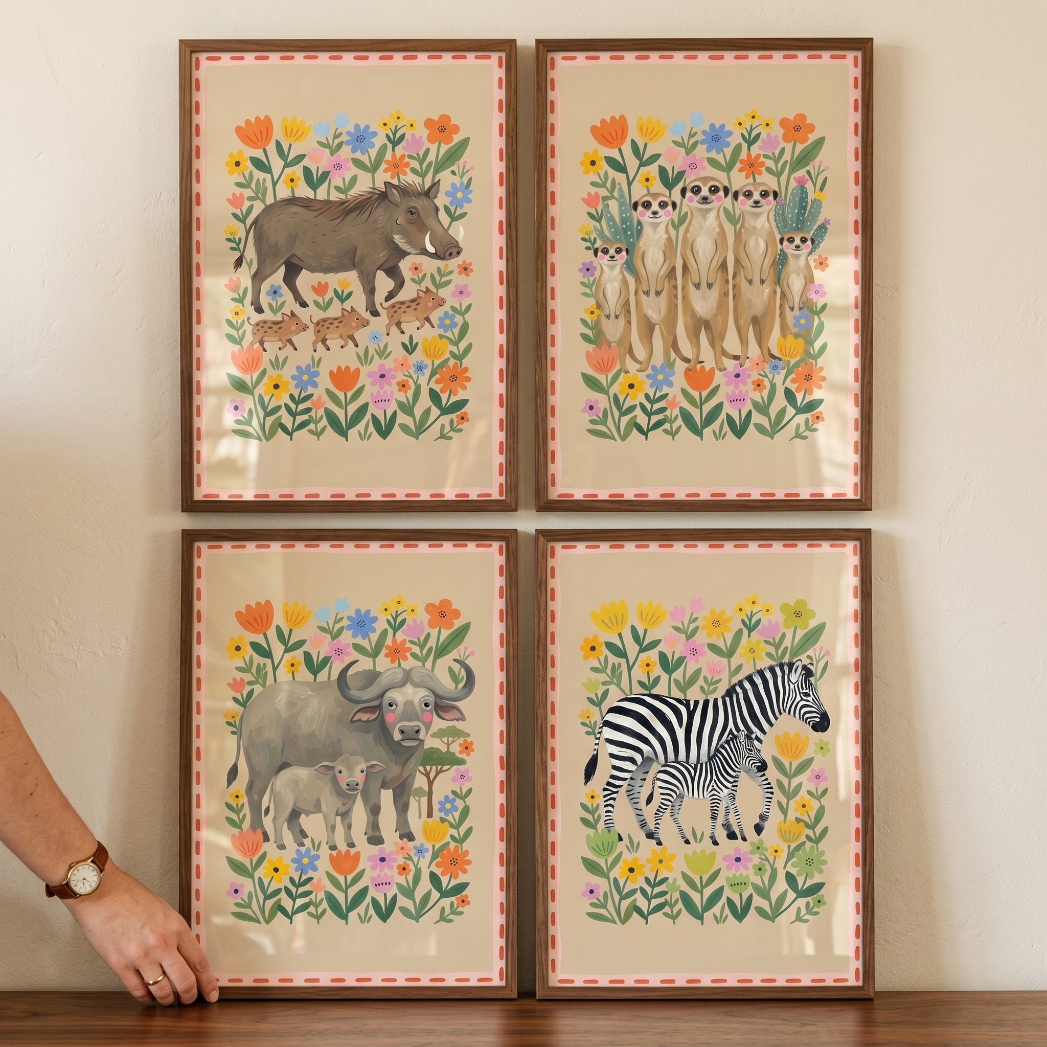 Floral Meadow Safari Animals Wall Art Set Of 4 - Savanna Bloom Buddies