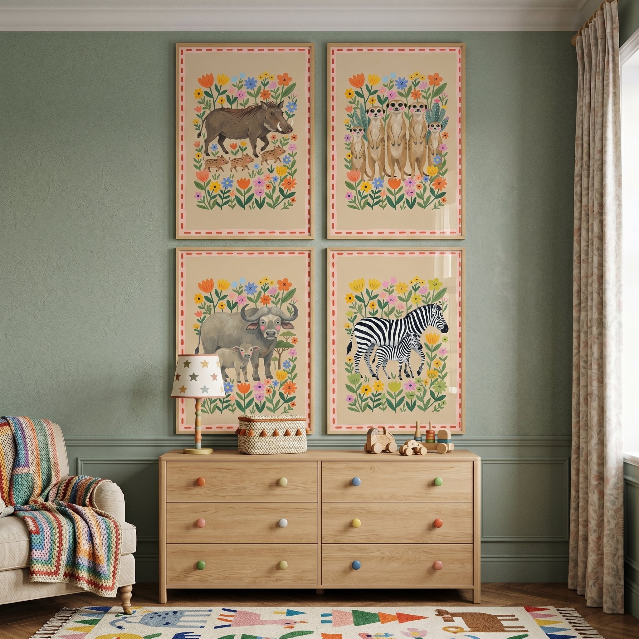 Floral Meadow Safari Animals Wall Art Set Of 4 - Savanna Bloom Buddies