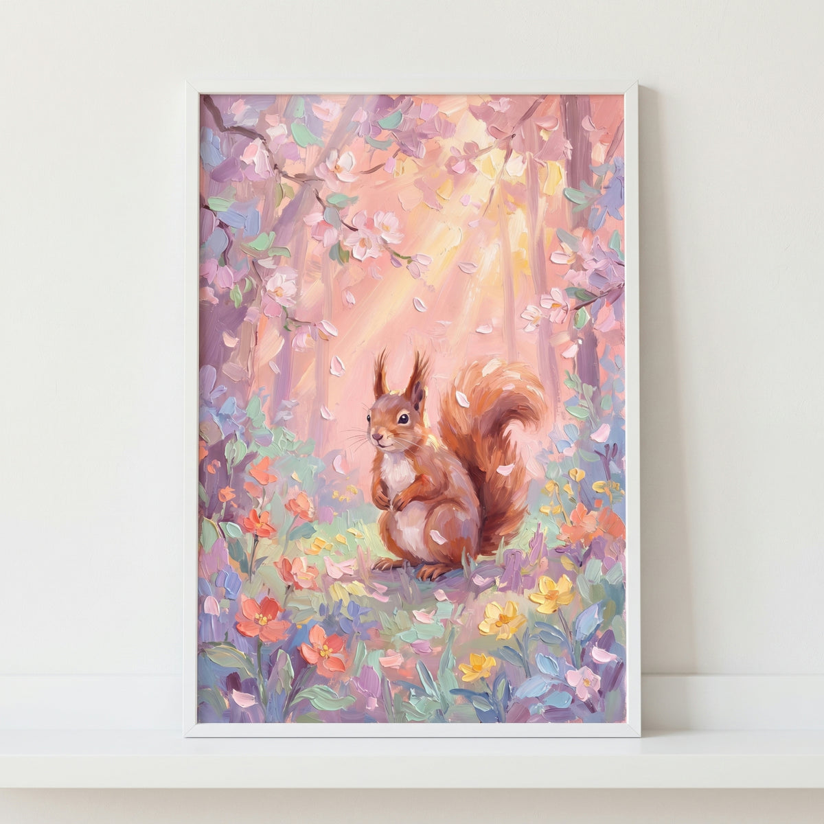 Squirrel sitting in a sunlit forest with flowers and pink petals; floral meadow squirrel woodland wall art.