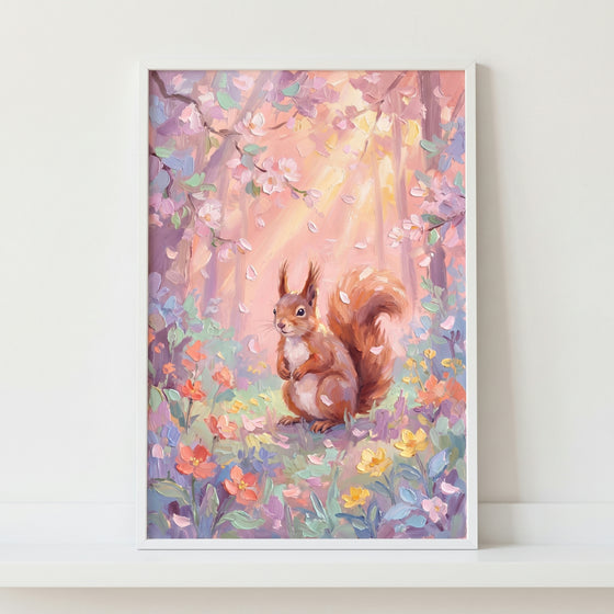 Squirrel sitting in a sunlit forest with flowers and pink petals; floral meadow squirrel woodland wall art.