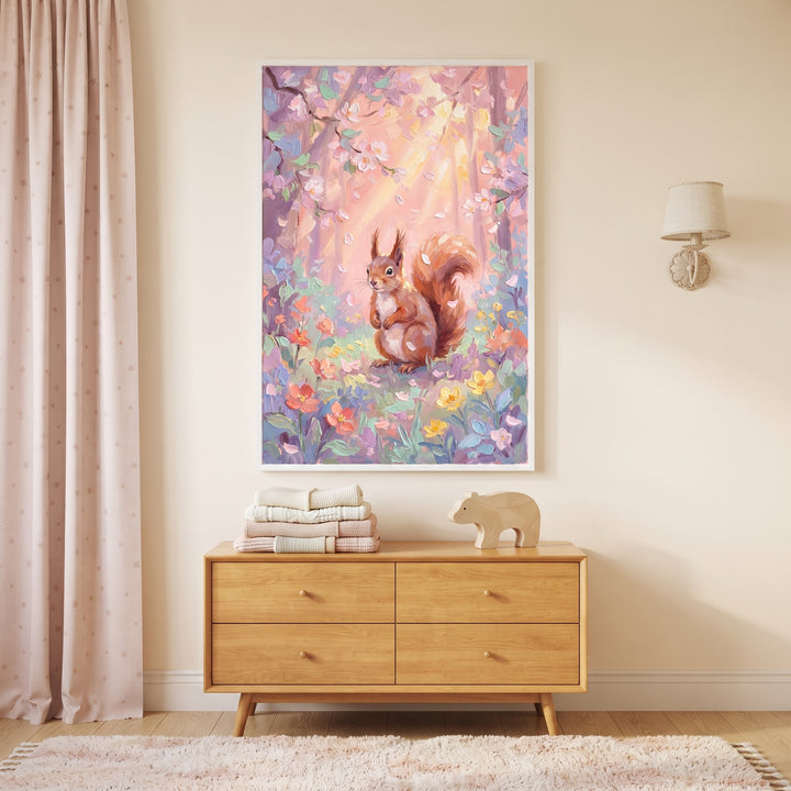 Floral meadow squirrel woodland wall art hangs above a dresser with a wooden bear figurine and pink curtains.