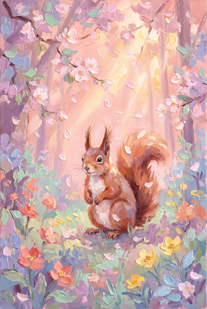 Floral meadow squirrel woodland wall art featuring a red squirrel surrounded by pastel blossoms and warm sunlight.