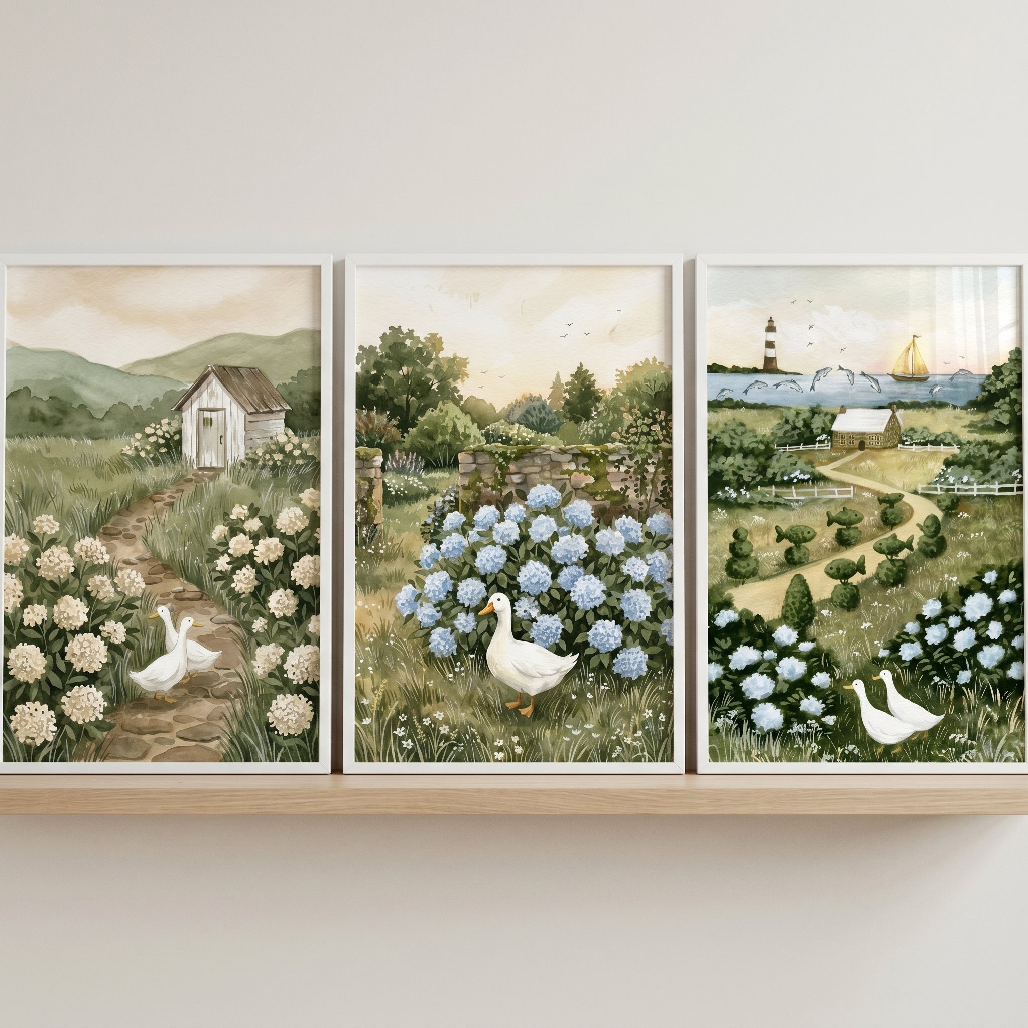 Floral Meadow White Duck Wall Art Set of 3 - Serene Duck Meadows