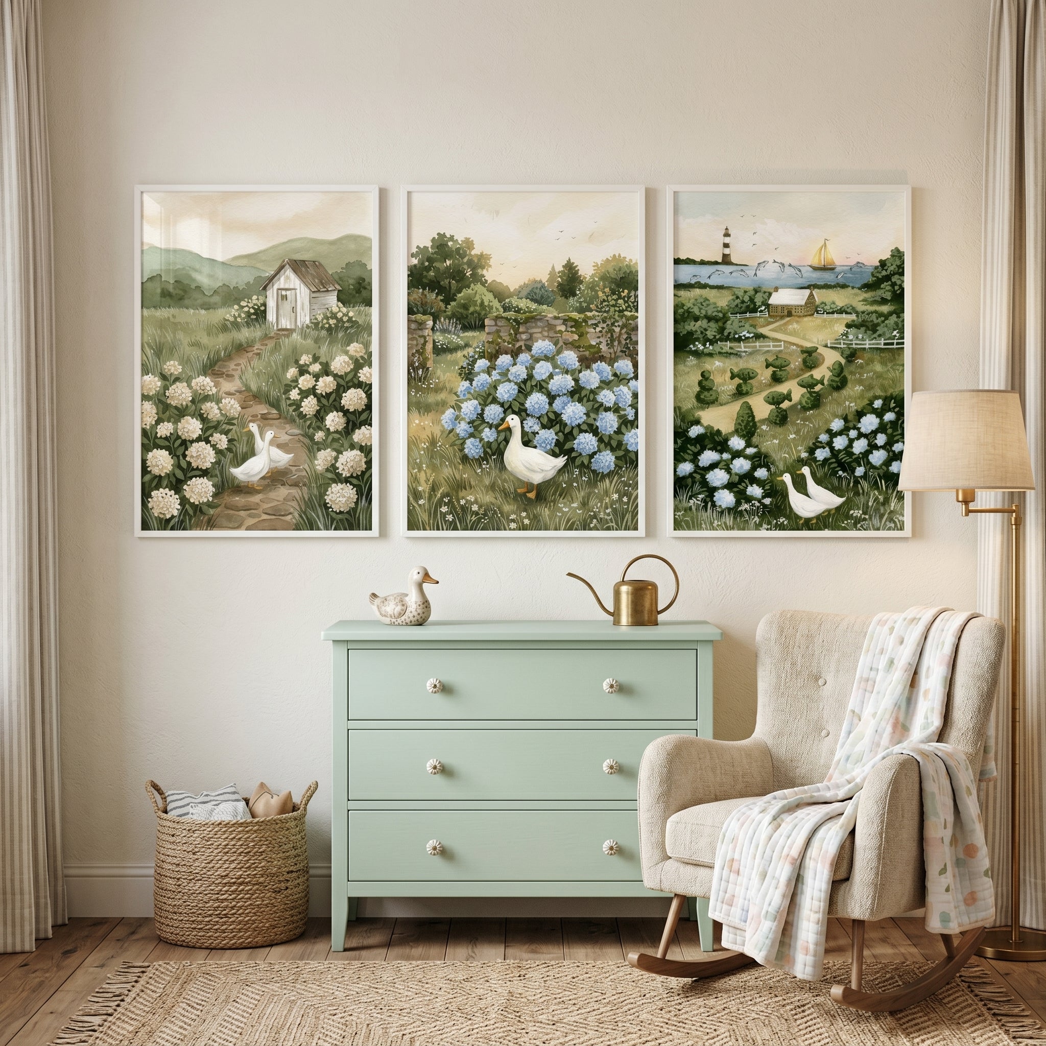 Floral Meadow White Duck Wall Art Set of 3 - Serene Duck Meadows