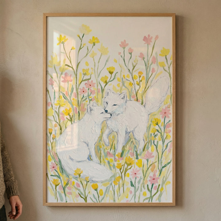 A framed illustration depicts two white foxes interacting within a field of yellow and pink wildflowers. One fox is seated while the other stands next to it, their noses touching in a gentle nuzzle. The artwork has a soft, textured appearance, with many green flower stalks and colorful blossoms against an off-white background. The piece is set in a light wooden frame and hangs on a neutral-colored wall. A person's hand is visible on the left edge of the scene.