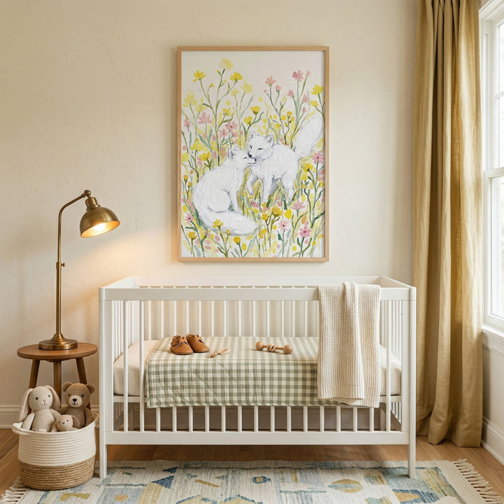 Framed painting of two white foxes nuzzling in a field of soft yellow and pink flowers hangs above a white crib in a warm neutral nursery. A woven basket of plush toys and soft textiles create a cozy gentle space that highlights the sweet playful artwork.