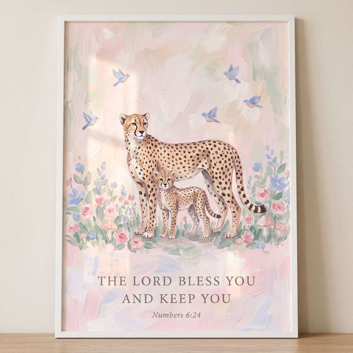 Floral mother baby cheetah bible wall art featuring a mother and cub among soft pastel blooms, birds, and Numbers 6:24.