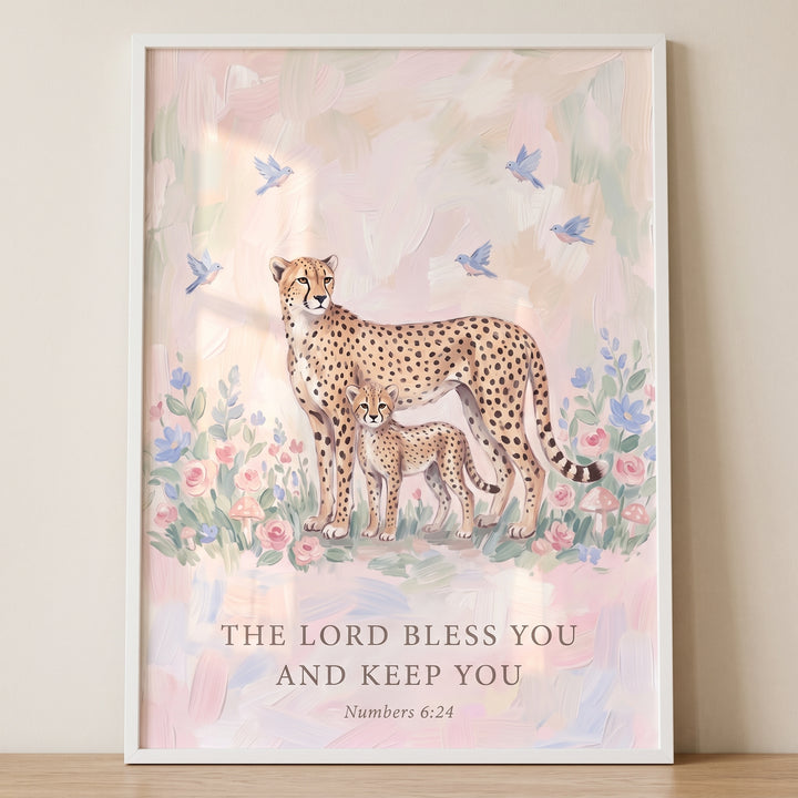 Floral mother baby cheetah bible wall art featuring a mother and cub among soft pastel blooms, birds, and Numbers 6:24.