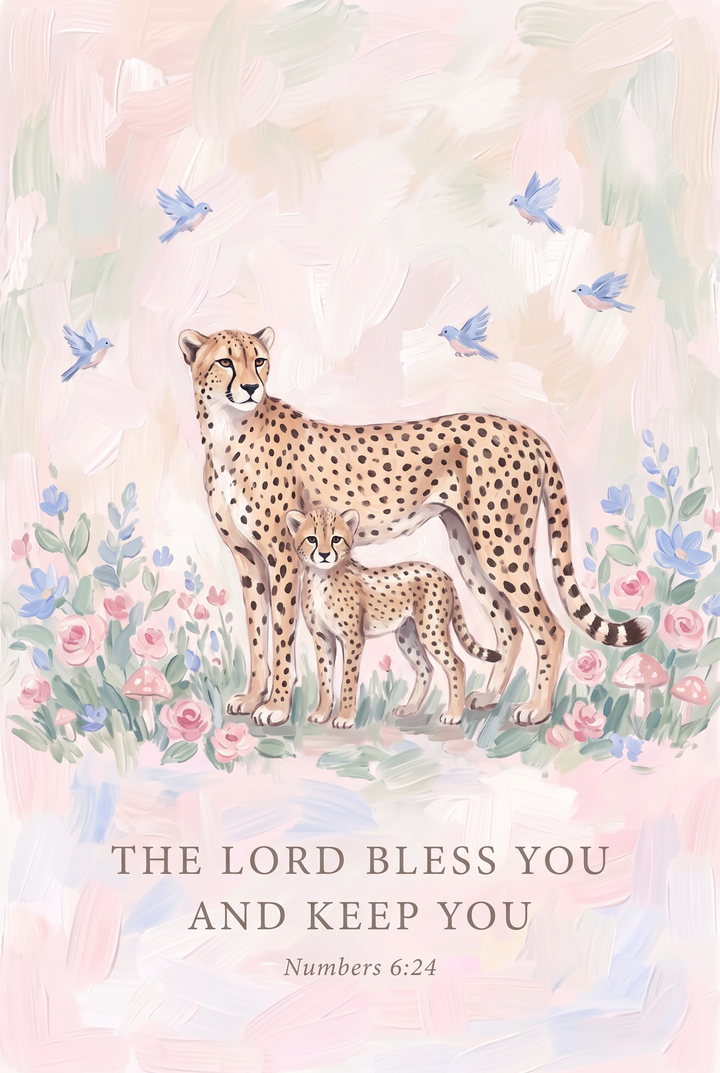 Floral mother baby cheetah bible wall art featuring two cheetahs, blue birds, and the blessing from Numbers 6:24.