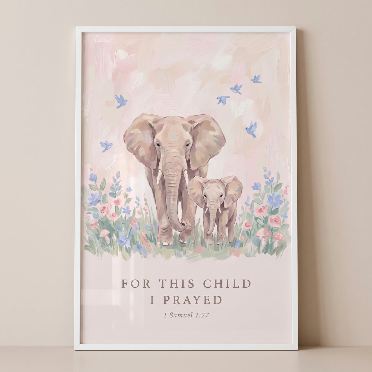 Floral mother baby elephant bible wall art features two elephants among flowers with scripture text 1 Samuel 1:27.