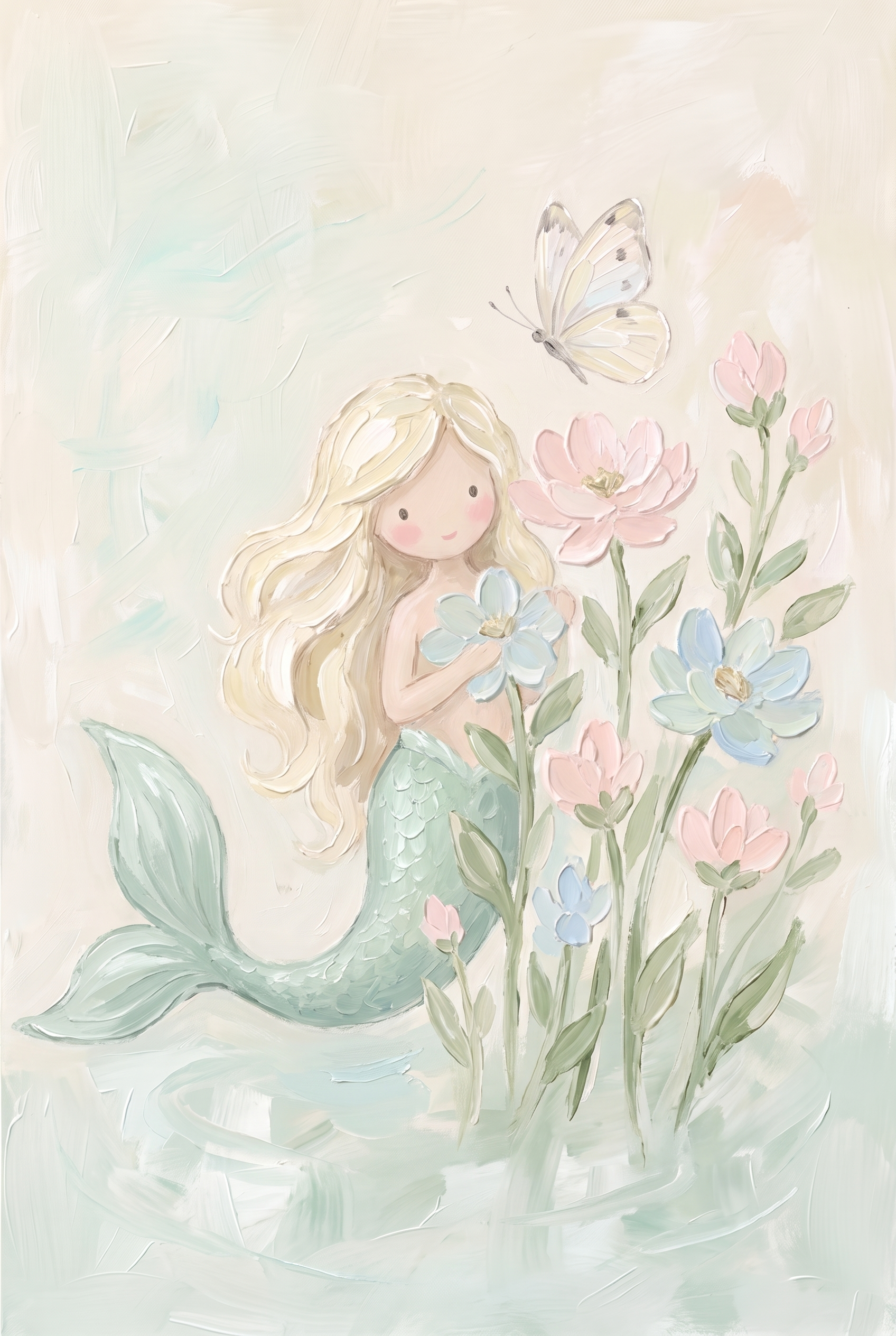 Floral Pastel Blonde Mermaid Wall Art - Whimsical Mermaid Garden