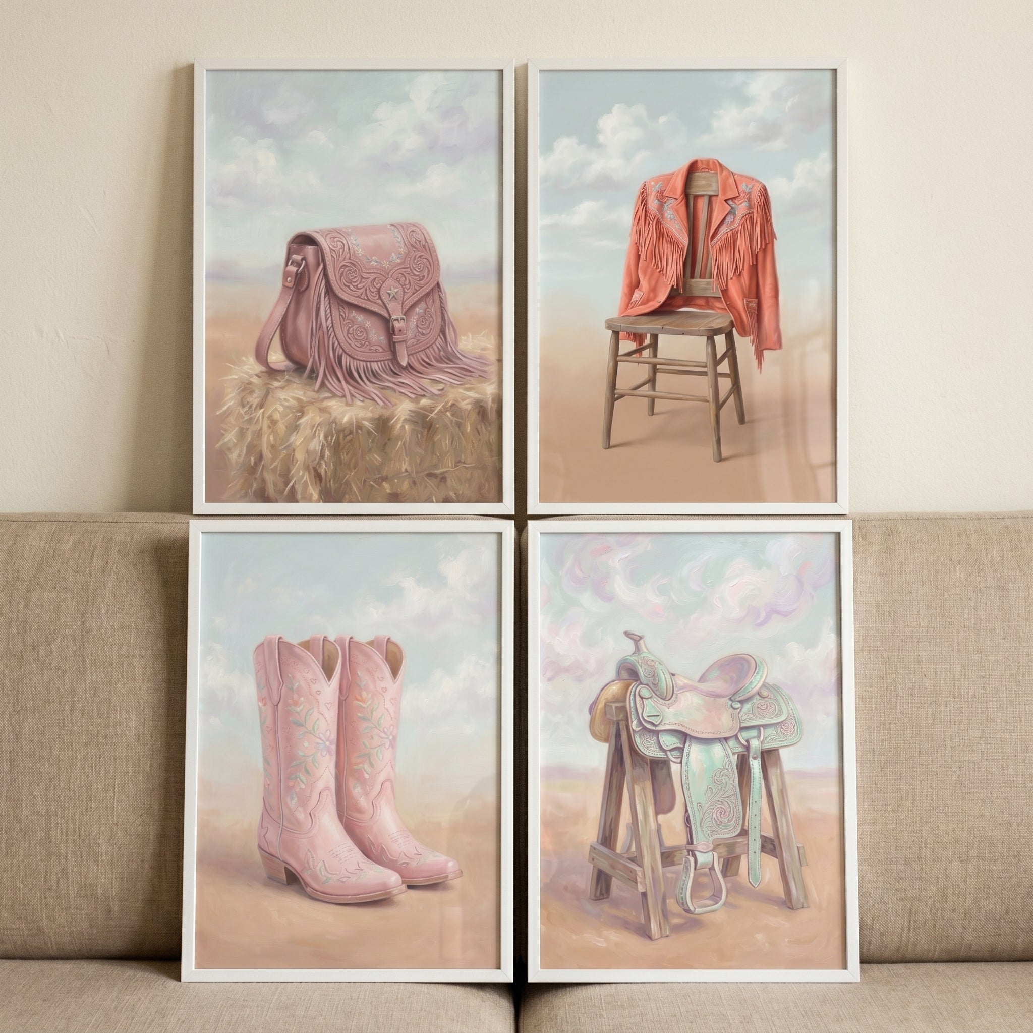 Floral Peach Cowgirl Wall Art Set of 4 - Soft Desert Chic