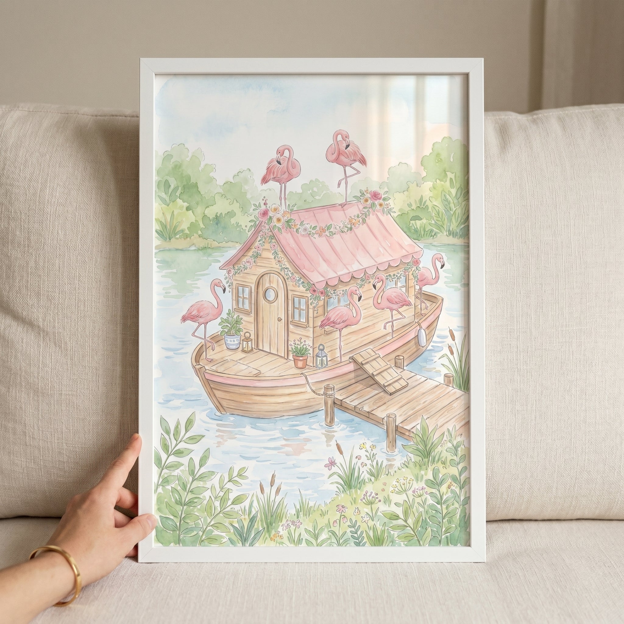 Floral Pink Flamingo Wall Art - Flamingo Houseboat Haven