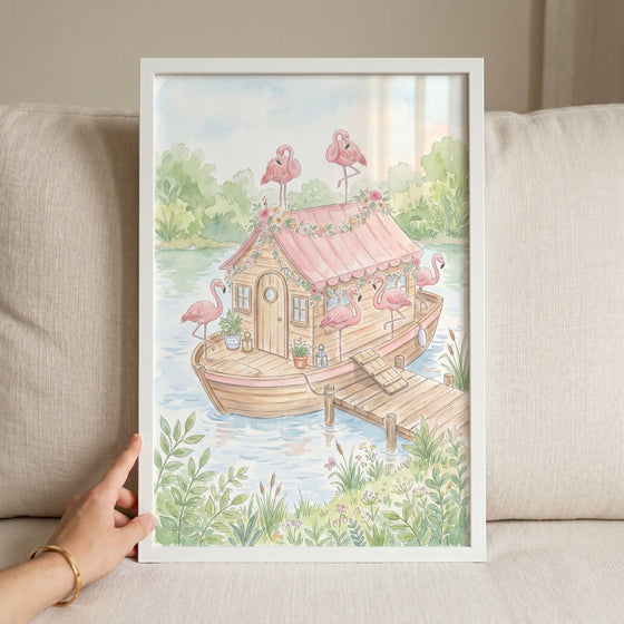 Floral pink flamingo wall art depicts a wooden houseboat with a flower-lined roof and flamingos on a calm lake.