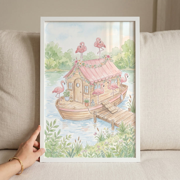 Floral pink flamingo wall art depicts a wooden houseboat with a flower-lined roof and flamingos on a calm lake.
